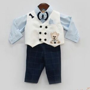 NWOT fayon kids White Waist Coat With Blue Shirt And Dark Blue Check Pants